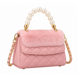 Pink Quilted Mini Top Handle Bag with Pearl Handle, Gold Chain, Faux Fur Accent
