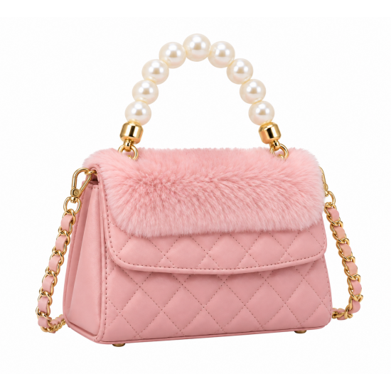 Pink Quilted Mini Top Handle Bag with Pearl Handle, Gold Chain, Faux Fur Accent