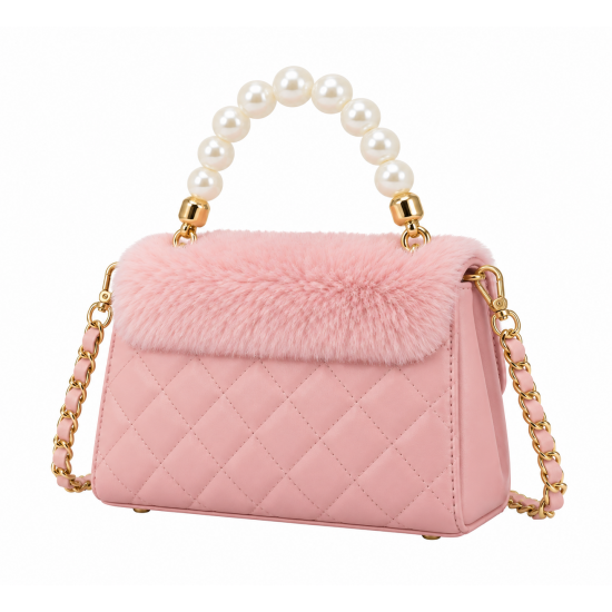 Pink Quilted Mini Top Handle Bag with Pearl Handle, Gold Chain, Faux Fur Accent
