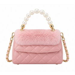 Pink Quilted Mini Top Handle Bag with Pearl Handle, Gold Chain, Faux Fur Accent