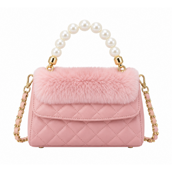 Pink Quilted Mini Top Handle Bag with Pearl Handle, Gold Chain, Faux Fur Accent