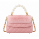 Pink Quilted Mini Top Handle Bag with Pearl Handle, Gold Chain, Faux Fur Accent
