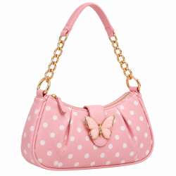 Pink Polka Dot Shoulder Bag for Women's with Butterfly Accent, Gold Chain Strap