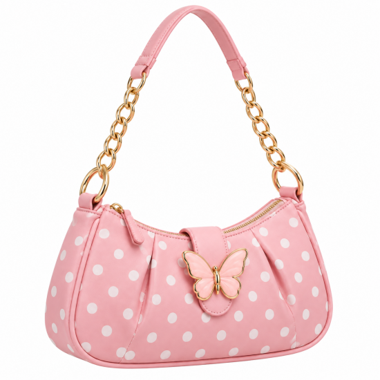 Pink Polka Dot Shoulder Bag for Women's with Butterfly Accent, Gold Chain Strap