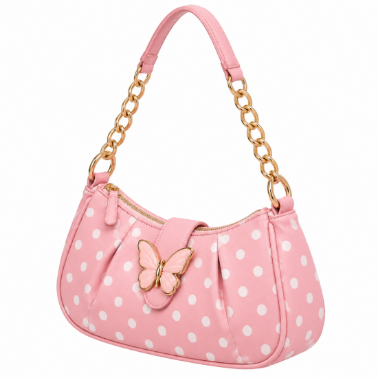 Pink Polka Dot Shoulder Bag for Women's with Butterfly Accent, Gold Chain Strap
