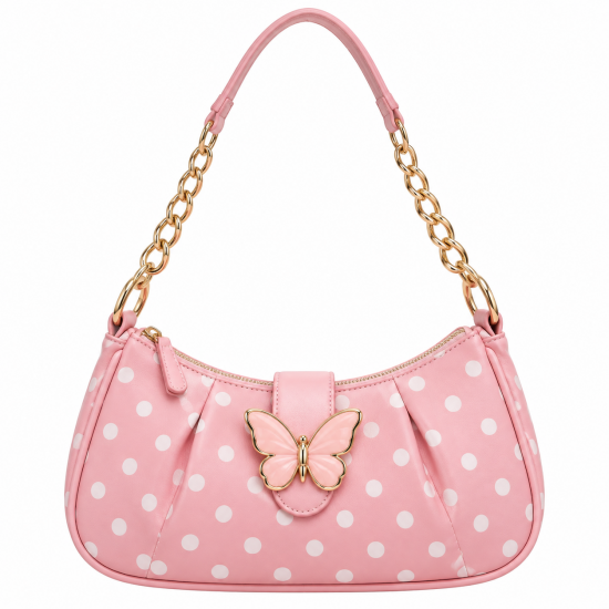 Pink Polka Dot Shoulder Bag for Women's with Butterfly Accent, Gold Chain Strap