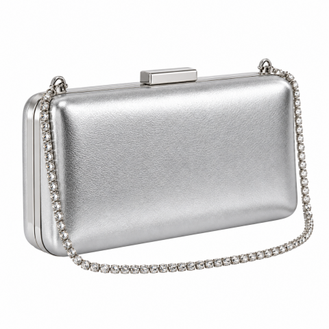 Metallic PU Leather Clutch Bag with Rhinestone Chain Strap