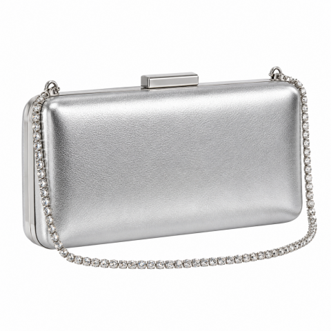 Metallic PU Leather Clutch Bag with Rhinestone Chain Strap