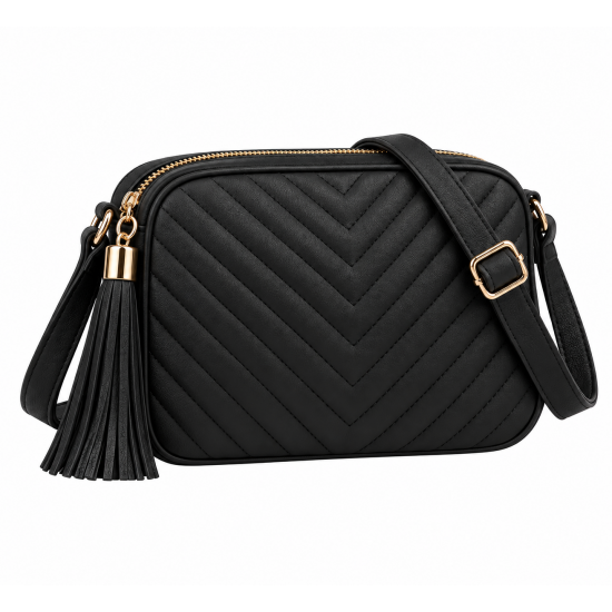 Black Quilted Crossbody Bag Women's Tassel Shoulder Bag Adjustable Strap