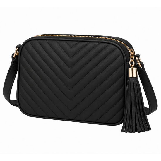 Black Quilted Crossbody Bag Women's Tassel Shoulder Bag Adjustable Strap