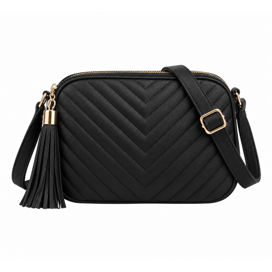Black Quilted Crossbody Bag Women's Tassel Shoulder Bag Adjustable Strap