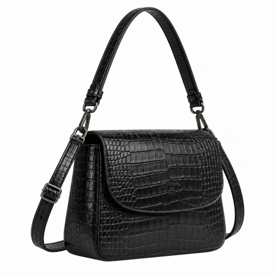 Black Croc-leather Crossbody Bag - Classic Women's Shoulder Bag
