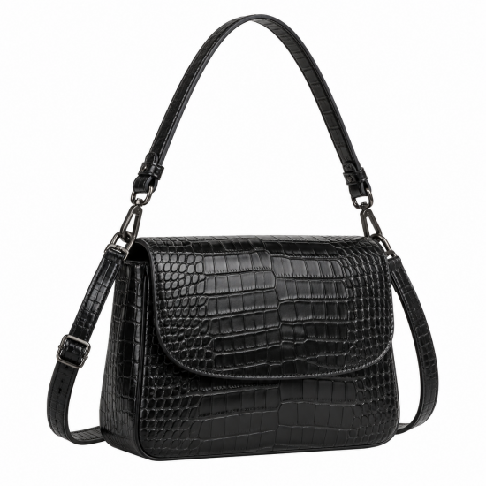 Black Croc-leather Crossbody Bag - Classic Women's Shoulder Bag