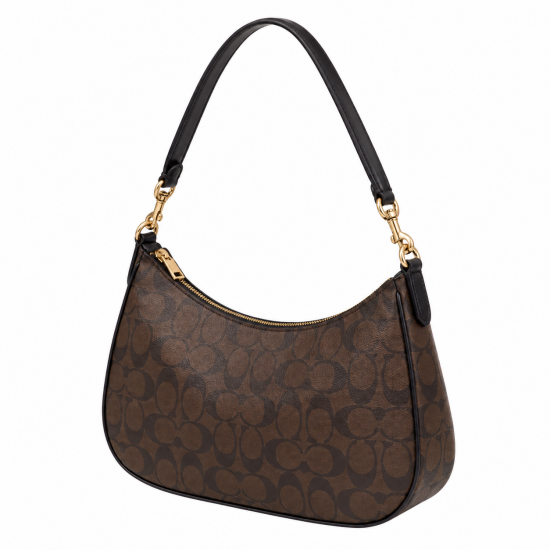 Teri Shoulder Bag in Signature Canvas/Gold/Walnut/Black