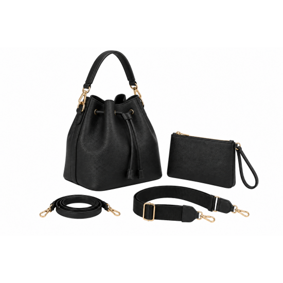 Model Movement MM Handbag Purse Black Cinch Bucket 2 Straps Extra Wristlet