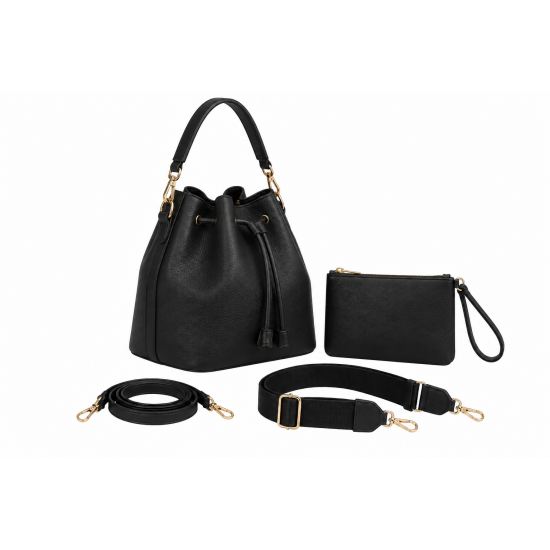 Model Movement MM Handbag Purse Black Cinch Bucket 2 Straps Extra Wristlet