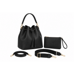 Model Movement MM Handbag Purse Black Cinch Bucket 2 Straps Extra Wristlet