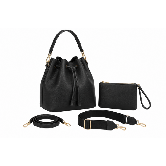 Model Movement MM Handbag Purse Black Cinch Bucket 2 Straps Extra Wristlet