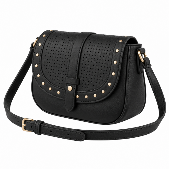 Women's Black Crossbody Bag Small Festival Purse Studded Perforated Design