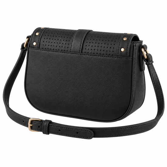 Women's Black Crossbody Bag Small Festival Purse Studded Perforated Design