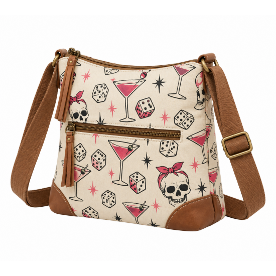 Bunco Babe Canvas Crossbody Retro Cocktail & Skull Print Game Night Essential