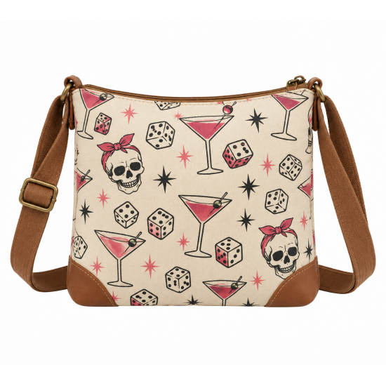 Bunco Babe Canvas Crossbody Retro Cocktail & Skull Print Game Night Essential