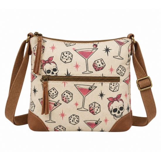 Bunco Babe Canvas Crossbody Retro Cocktail & Skull Print Game Night Essential