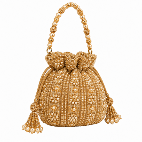 Handcrafted Gold Beaded Potli Bag Ethnic Bridal Mini Purse Phone Pouch