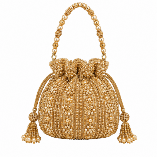 Handcrafted Gold Beaded Potli Bag Ethnic Bridal Mini Purse Phone Pouch